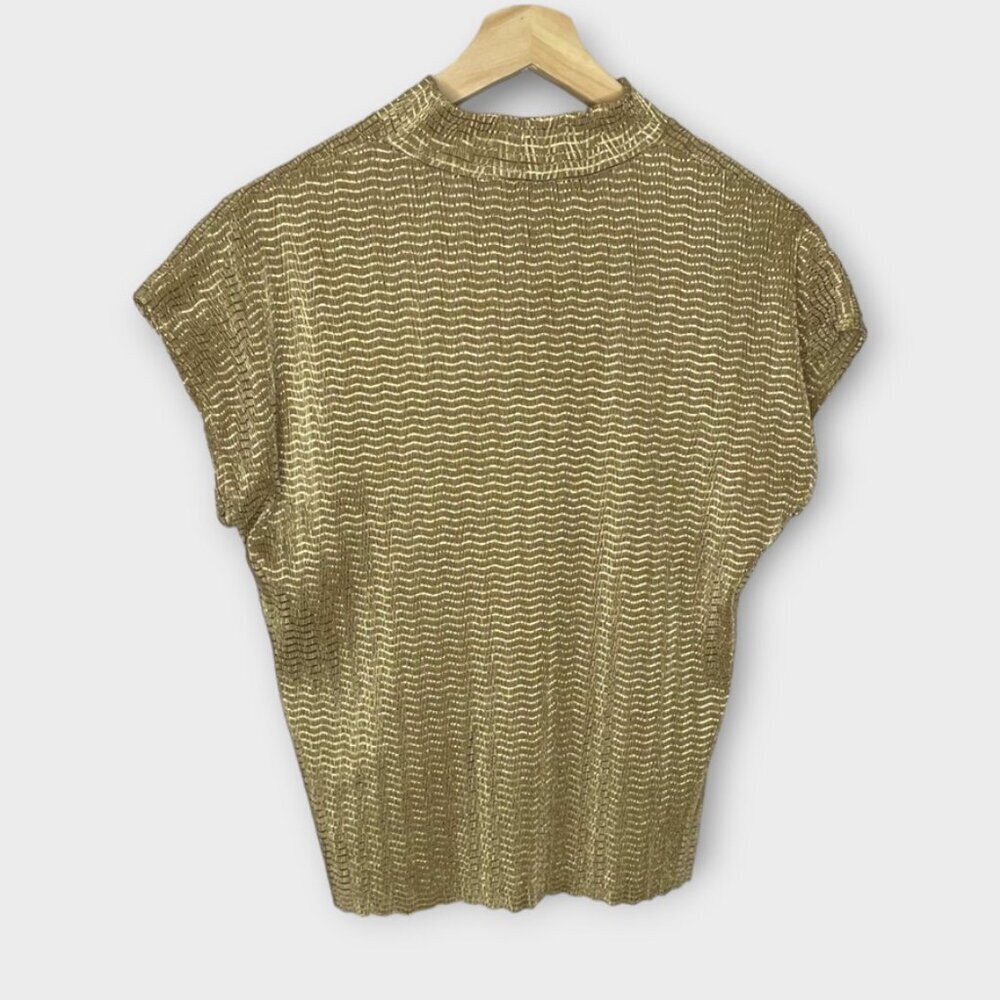 🦜 TanJay Gold Short Sleeve Top Size Petite Large PL Party Holiday - Picture 2 of 4